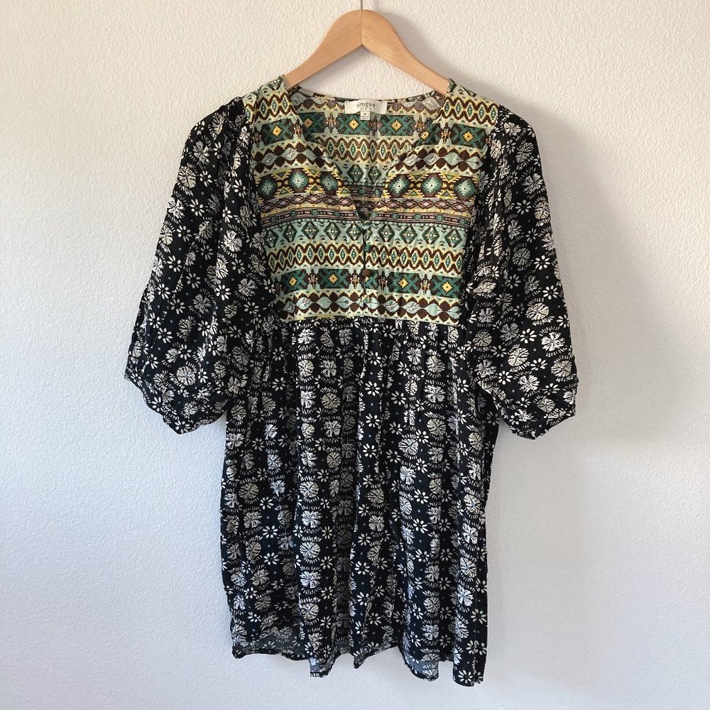 Umgee Black Boho Peasant Babydoll Tunic Mini Dress